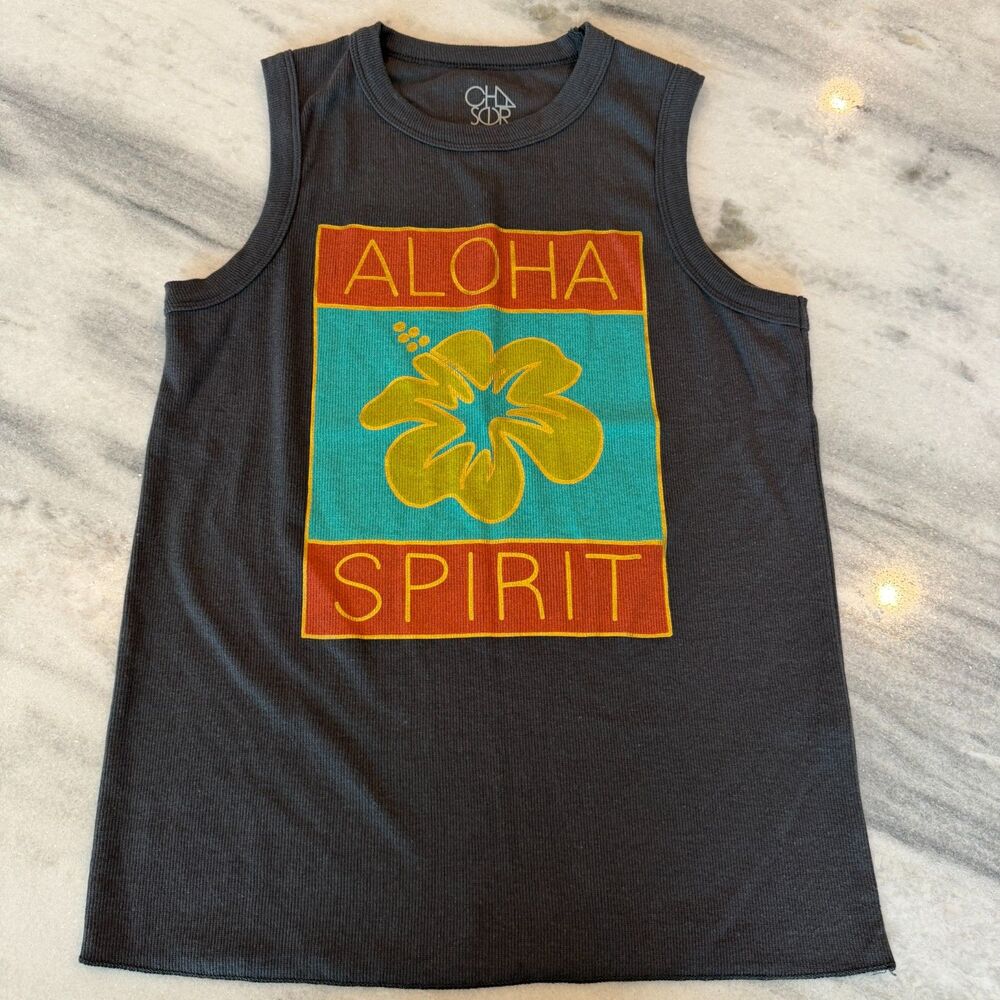 Chaser x Anthropologie Aloha Spirit Ribbed Tank Dark Gray Hibiscus Size‎ Medium
